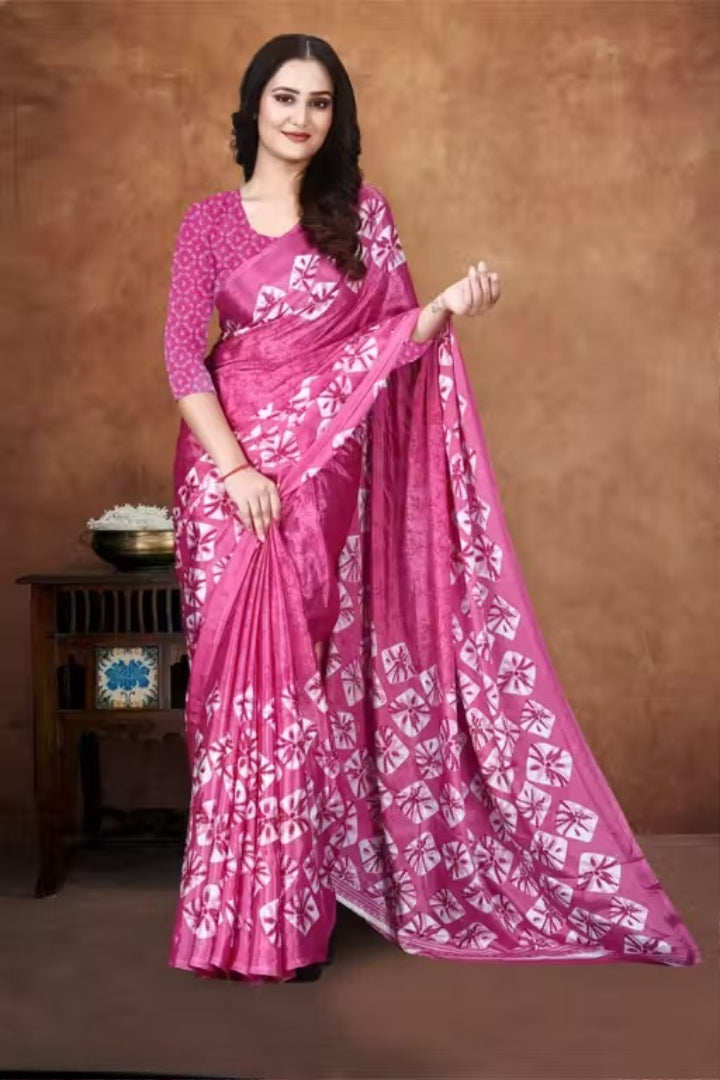 Soft Pink Banarasi Silk Look Saree with Printed Bandhani Design