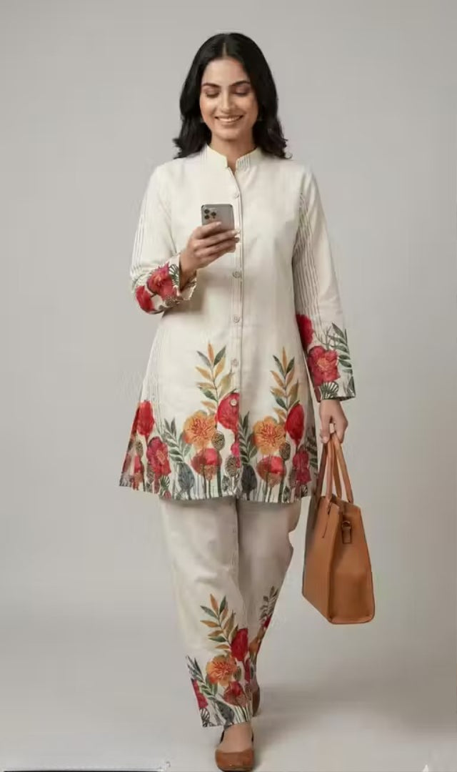 Elegant Cream Polycotton Co-Ord Set with Shirt & Palazzo