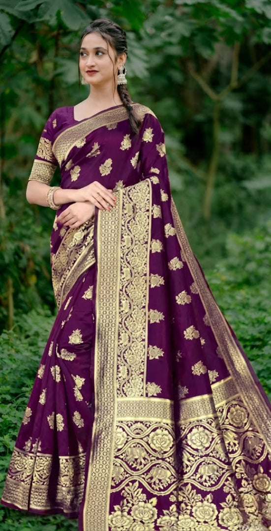 Maroon Banarasi Silk Saree with Zari Border & Floral Design