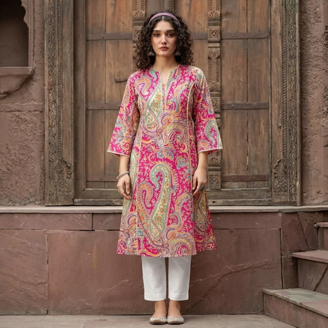 Elegant Pink Cotton Lace Kurta for Women