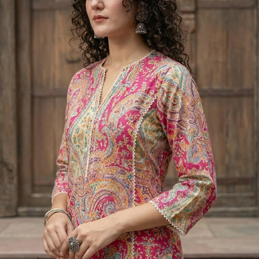 Elegant Pink Cotton Lace Kurta for Women