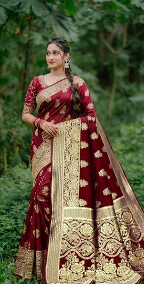 Maroon Banarasi Silk Saree with Zari Border & Floral Design