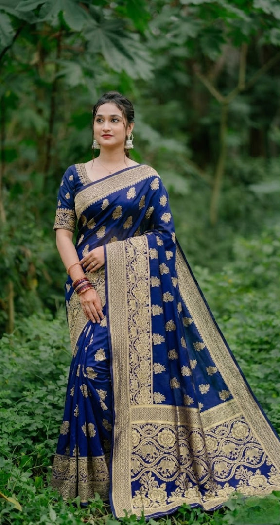 Maroon Banarasi Silk Saree with Zari Border & Floral Design